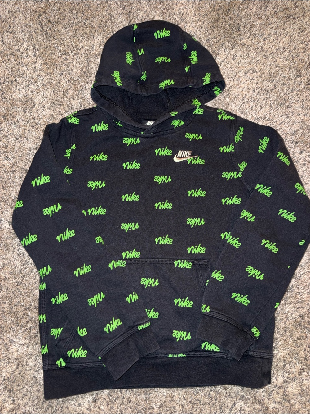 Nike Black Hoodie with Neon Green Script, Youth Lathe